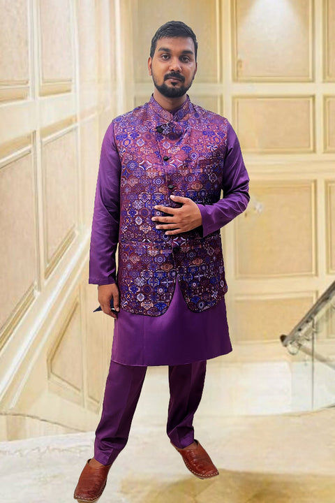 Designer Purple Color Silk Kurta Pajama with Waist Coat (D96)
