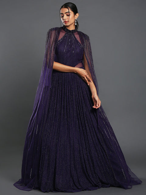 Designer Purple Color Cutdana Embroidered Lycra Cocktail Gown (D9)