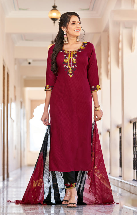 Maroon Viscose Readymade Pant Style Suit with Dupatta (D994)