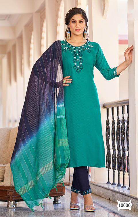 Teal Blue Viscose Readymade Pant Style Suit with Dupatta (D998)