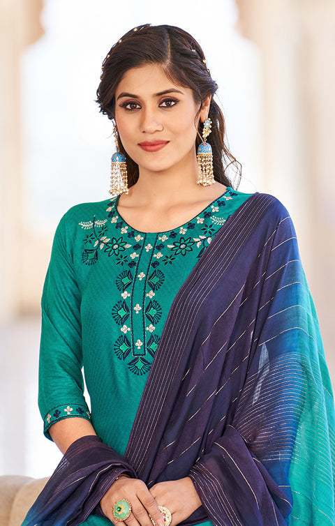Teal Blue Viscose Readymade Pant Style Suit with Dupatta (D998)
