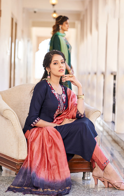 Navy Blue Viscose Readymade Pant Style Suit with Dupatta (D999)