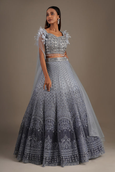 Blue Net Embroidery Sequin Leaf Neck Lehenga And Blouse Set For Women (D288)