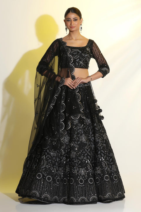 Black Net Embroidered Lehenga For Party Wear (D382)