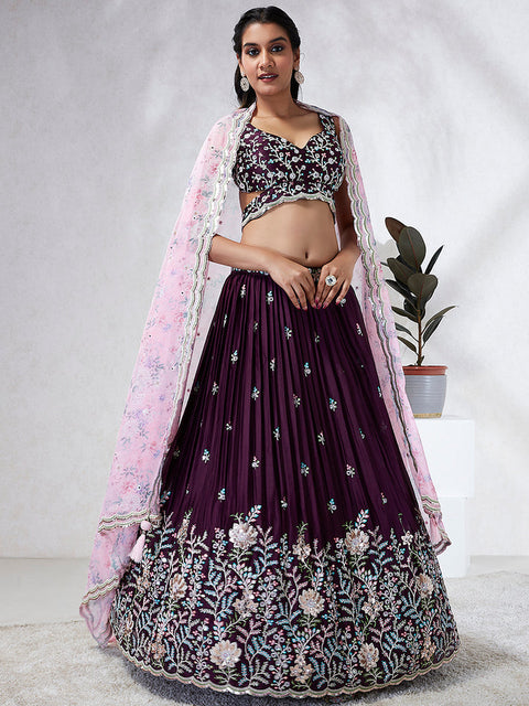 Burgundy Color Georgette Sequins, Mirror and thread embroidery Lehenga choli For Party Wear (D400)