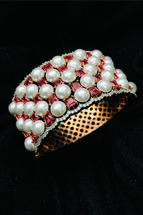 American Diamond & Semi-Precious Red Color Stone With Pearl Openable Bracelet (D156)