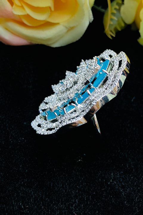 Silver Plated Blue Color Stone American Diamond Floral Ring (D218)