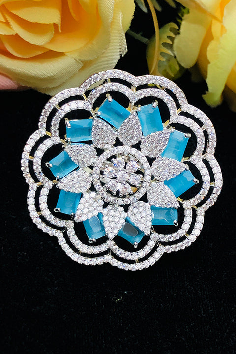 Silver Plated Blue Color Stone American Diamond Floral Ring (D218)
