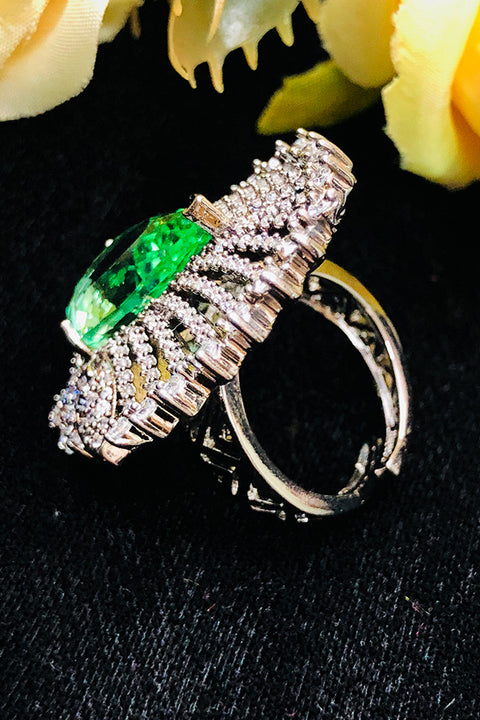 Silver Plated Green Color Stone American Diamond Ring (D222)