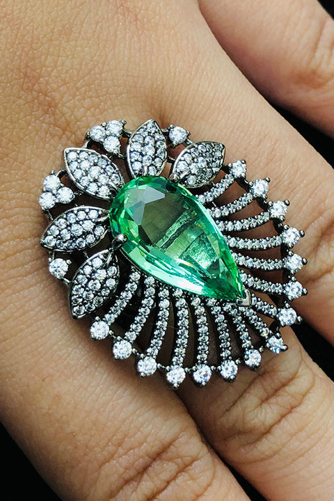 Silver Plated Green Color Stone American Diamond Ring (D222)