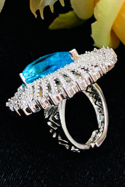 Silver Plated Light Blue Color Stone American Diamond Ring (D223)
