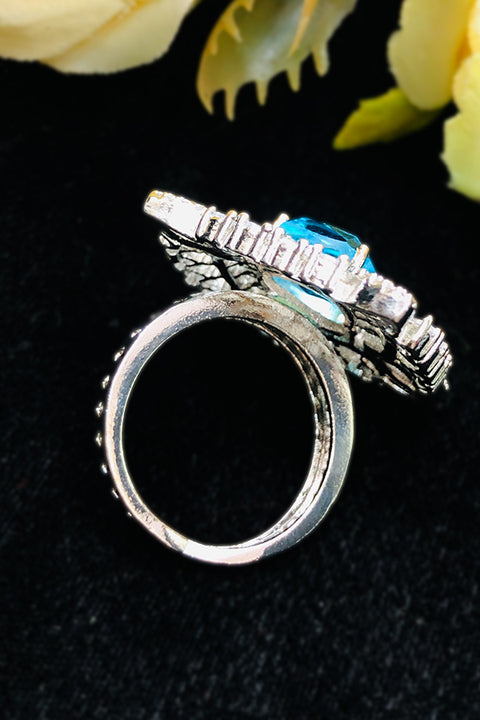 Silver Plated Blue Color Stone American Diamond Ring (D228)