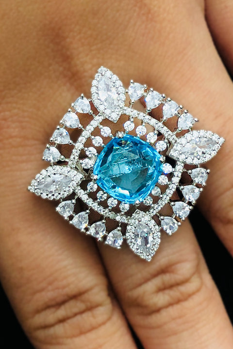 Silver Plated Blue Color Stone American Diamond Ring (D228)