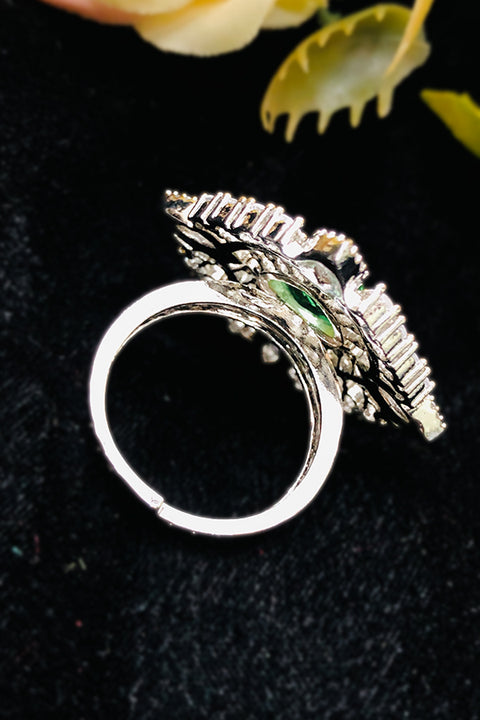 Silver Plated Green Color Stone American Diamond Ring (D229)
