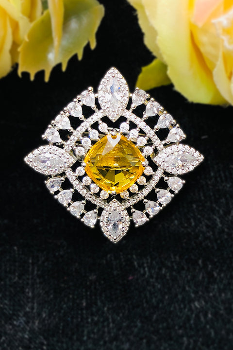 Silver Plated Yellow Color Stone American Diamond Ring (D232)