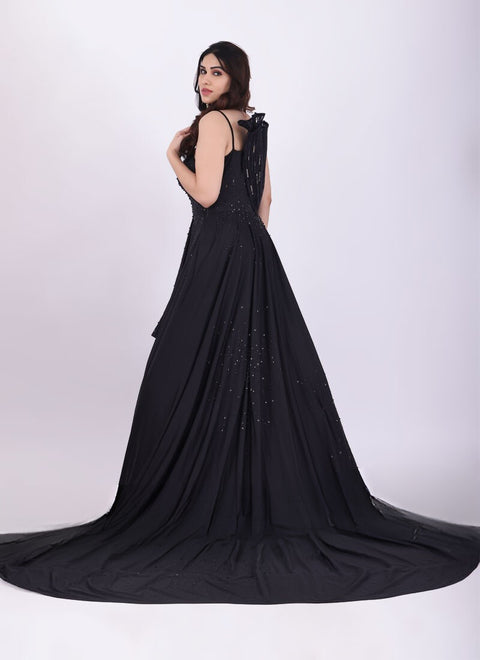 Designer Black Gown With Side Trail (D1)