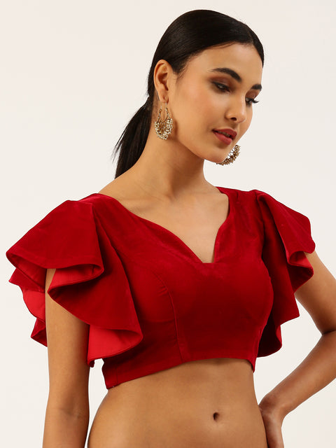 Red Velvet Ruffle Sleeves Readymade Blouse For Wedding & Party Wear (Design 1642)