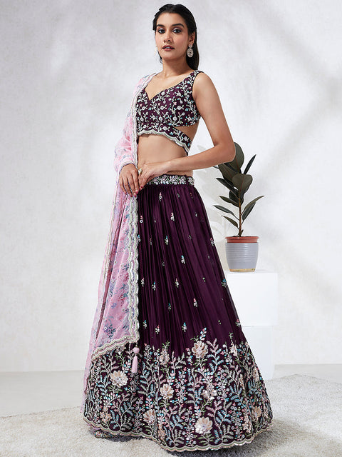Burgundy Color Georgette Sequins, Mirror and thread embroidery Lehenga choli For Party Wear (D400)