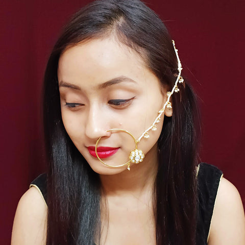 Gold Plated Royal Kundan Studded Nose Ring with Chain - NATH (Design 16)