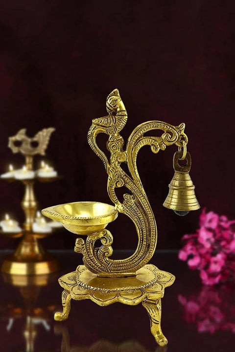 Ethnic Carved Peacock Design Brass Diya with Bell | 8 Inches | Antique White(Design 112)