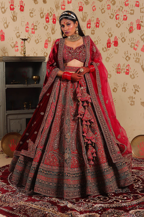 Designer Bridal Heritage Premium Rani Color Heavy Embroidered Velvet Lehenga Choli (D324)