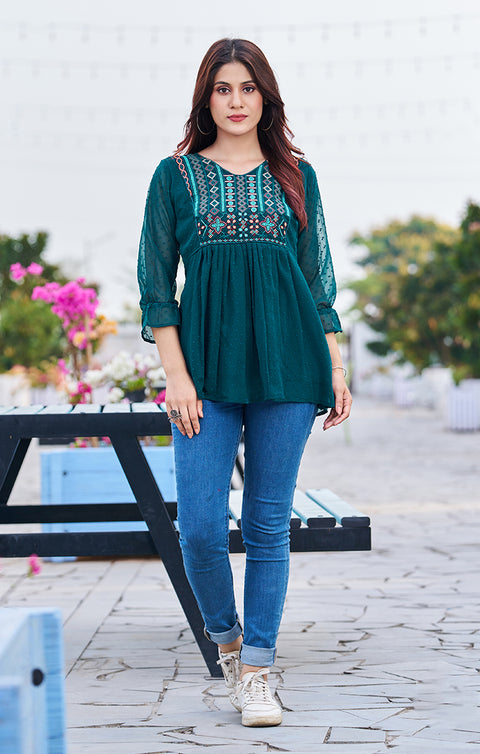Beautiful Teal Green Color Indian Ethnic Kurti For Casual Wear (D987)