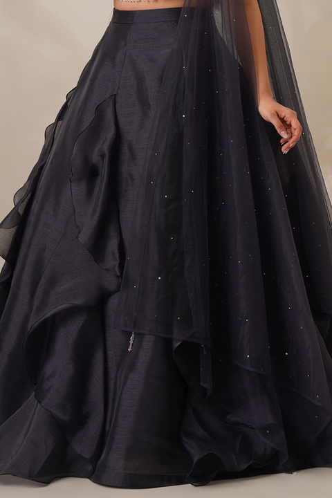 Designer Dark Grey Crop Top Frill Skirt Adorned With Flowery Dupatta For Party Wear (D21)