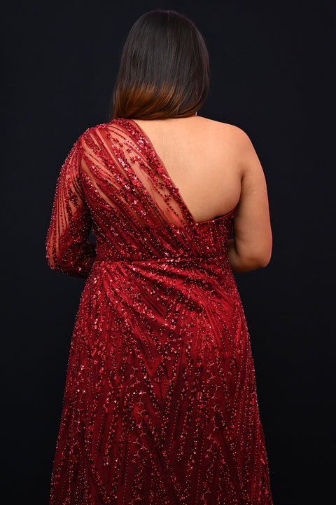 Red Color Cutdana Embroidered One Side Shoulder With Side Slit Net Gown For Party Wear (D23A)