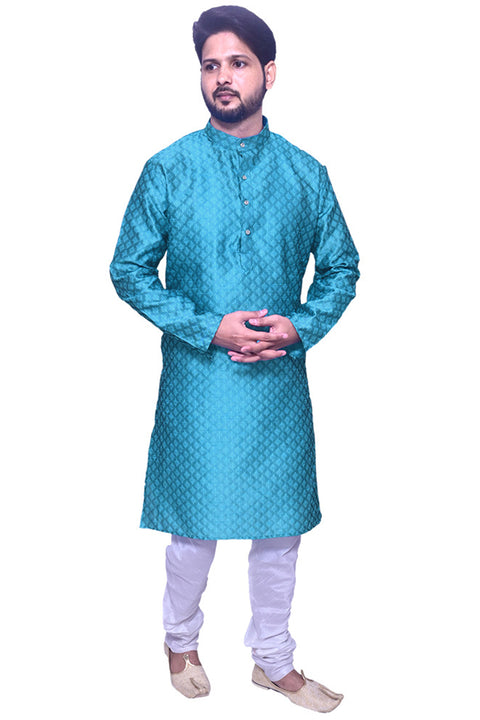 Designer Teal Blue Color Silk Kurta Pajama (D102)