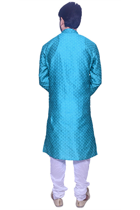 Designer Teal Blue Color Silk Kurta Pajama (D102)