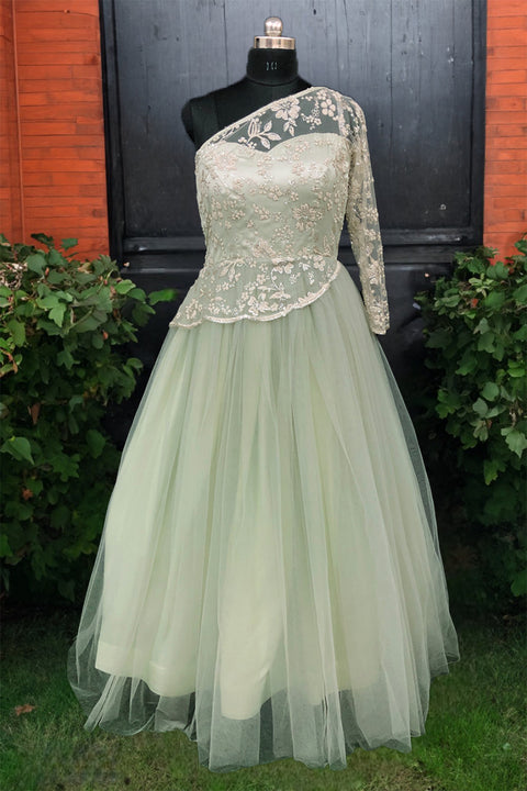 Designer Light Green Embroidered Net Party Wear Gown (D17)