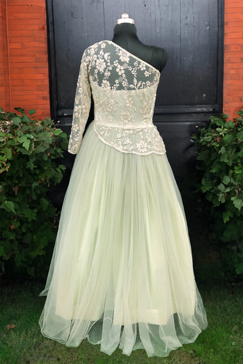 Designer Light Green Embroidered Net Party Wear Gown (D17)