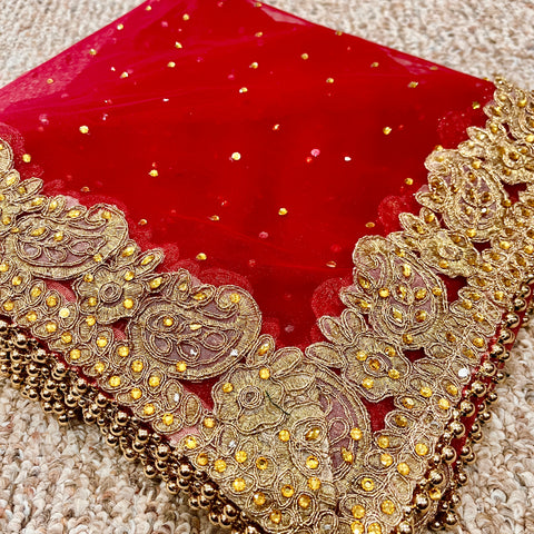 Heavy Bridal Red Net Dupatta with Golden Lace and Embroidery (D64)