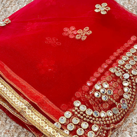 Bridal Red Net Dupatta with Golden Lace and Mirror Work (D63)