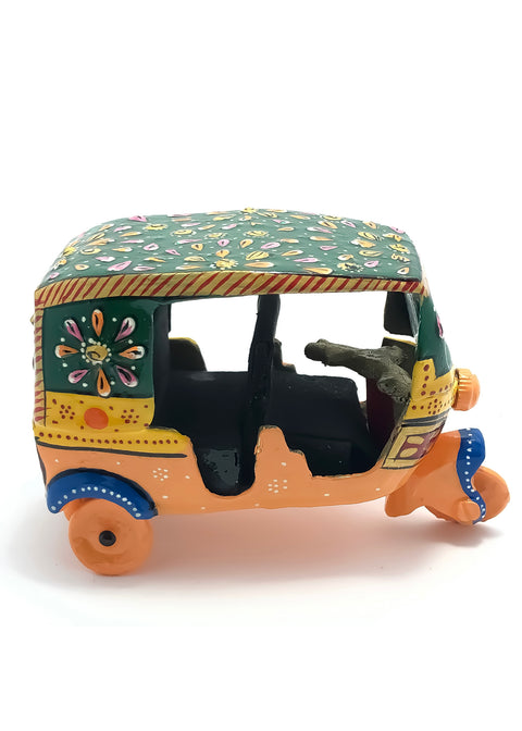 Vintage Brass Metal Green Auto Rickshaw with Gemstone Embossing Work Decorative Showpiece for Home Decor & Office (D39)