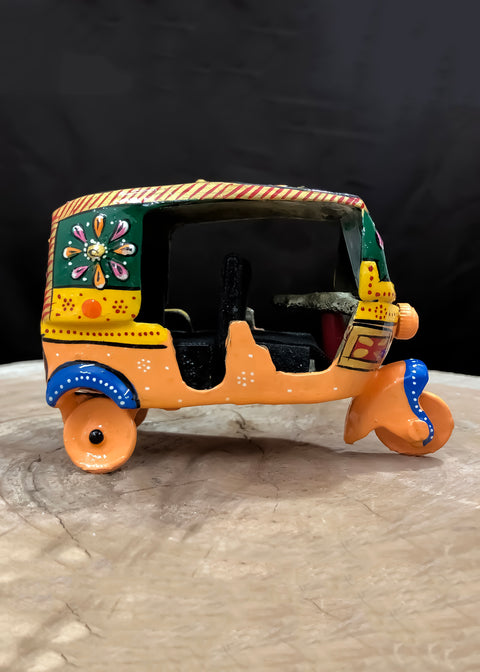 Vintage Brass Metal Green Auto Rickshaw with Gemstone Embossing Work Decorative Showpiece for Home Decor & Office (D39)