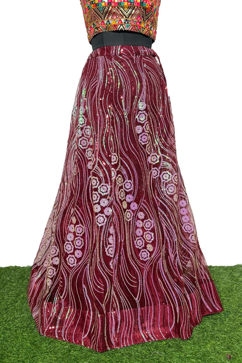 Maroon Color Lehenga Skirt with Sequins Work in Net (D28)