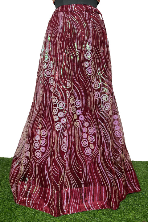 Maroon Color Lehenga Skirt with Sequins Work in Net (D28)