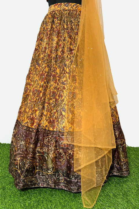 Mustard & Multi Color Pure Habutai Silk Abstract Mystic Lehenga With Cross Belt Blouse For Women (D307)