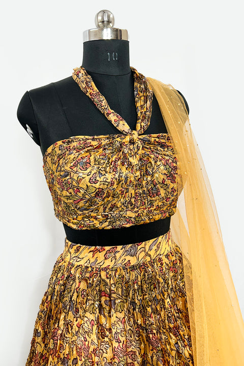 Mustard & Multi Color Pure Habutai Silk Abstract Mystic Lehenga With Cross Belt Blouse For Women (D307)