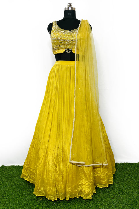 Yellow Color Embroidered Chinon Chiffon Party Wear Lehenga (D305)