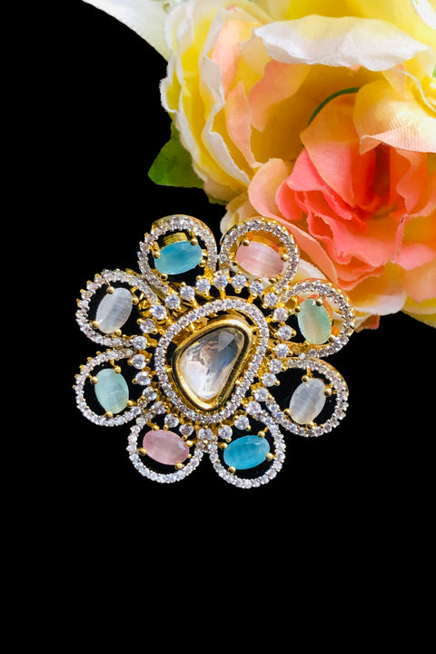 Gold Plated Multi Color Stone American Diamond Floral Ring (D215)