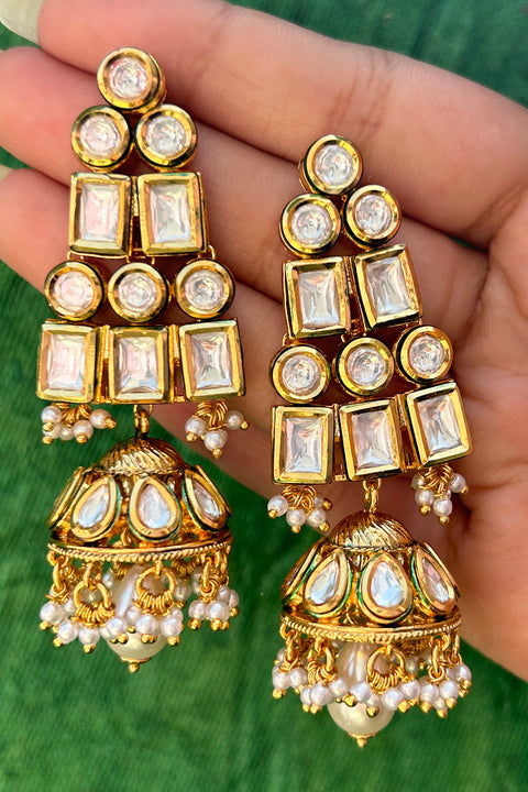 Gold Plated Beautifully Royal Kundan Beaded Jhumki Style Earrings (E810)