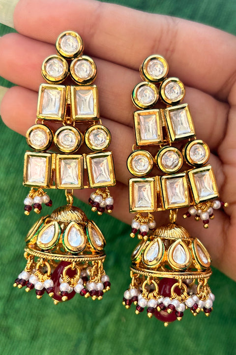 Gold Plated Beautifully Royal Kundan Beaded Jhumki Style Earrings (E810)