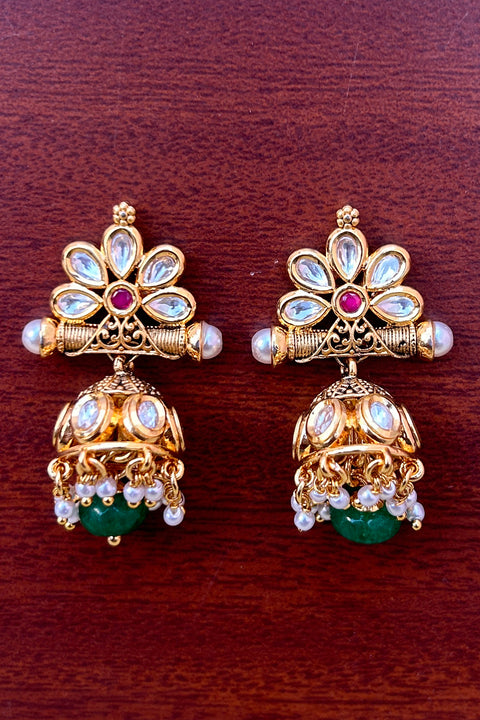 Gold Plated Beautifully Royal Kundan Beaded Jhumki Style Earrings (E824)