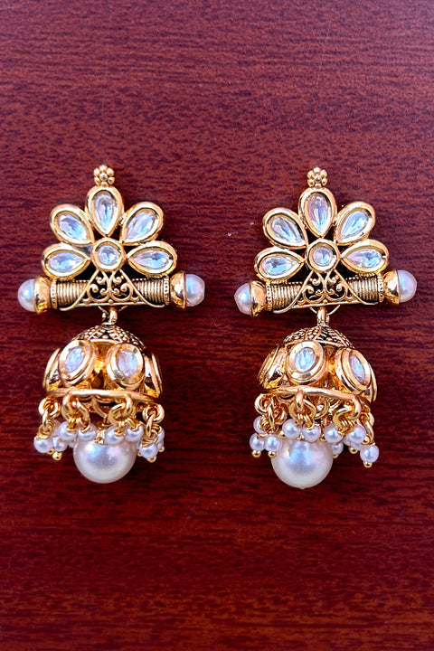 Gold Plated Beautifully Royal Kundan Beaded Jhumki Style Earrings (E824)