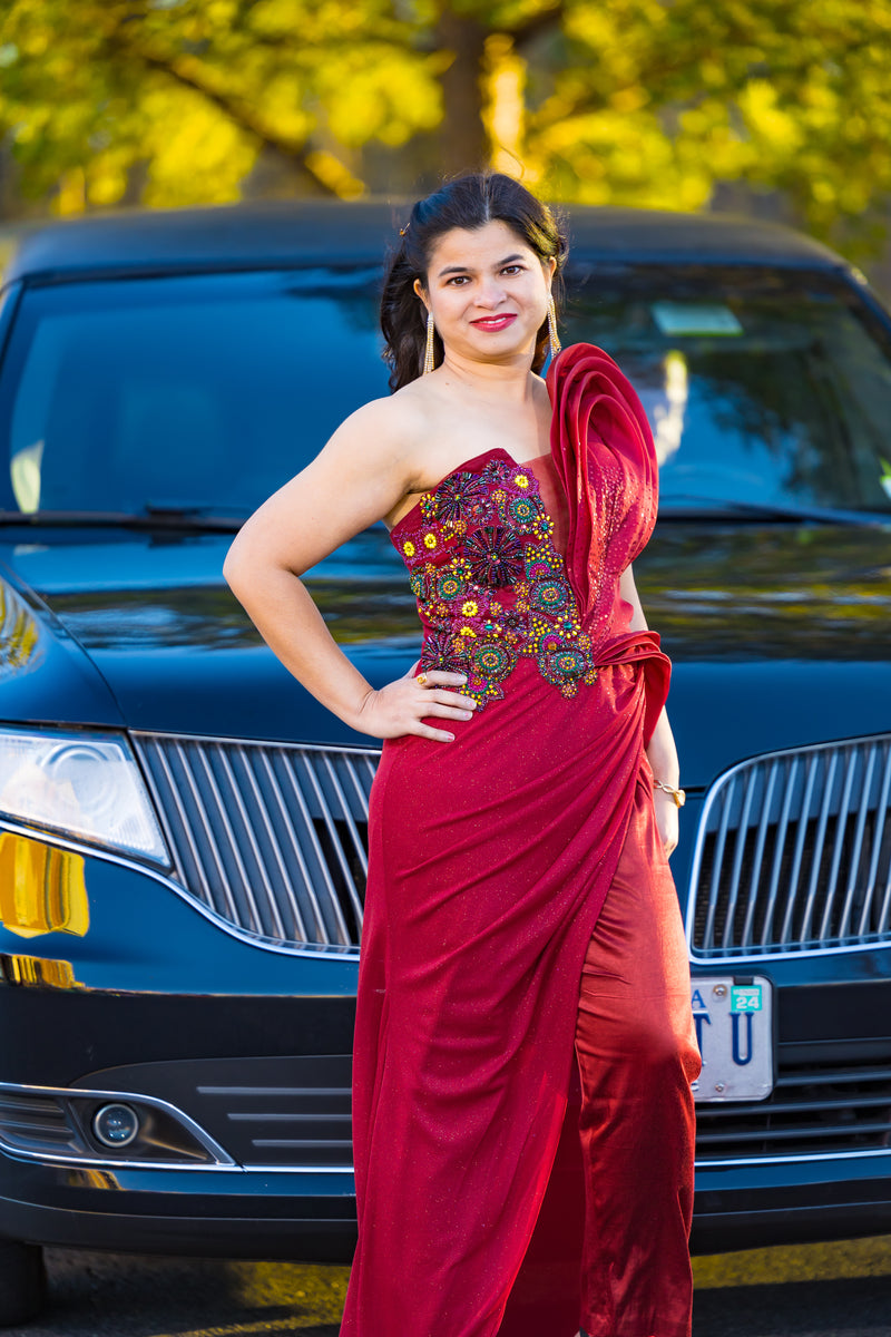 One Shoulder Multicolor Chinon Embroidered Gown main image 1