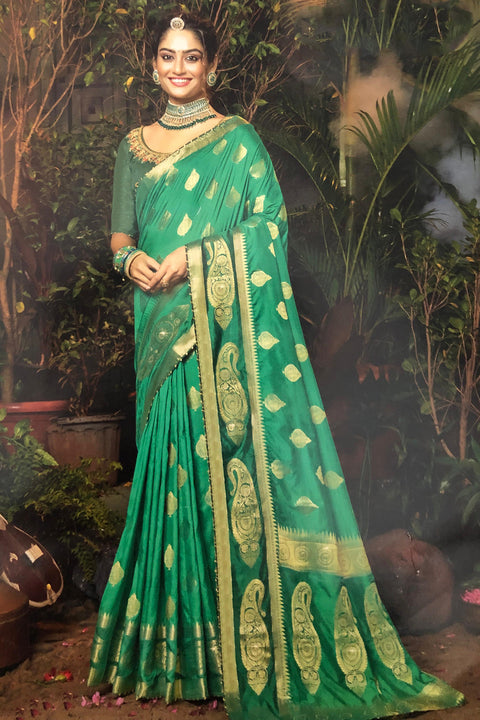 Designer Green Color Soft Banarasi Silk Saree With Golden Zari (D763)