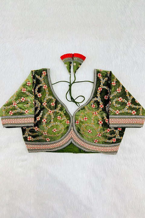 Mehandi Green Color Women's Velvet Heavy Codding Embroidery with Sequins Work Sweetheart Neck Blouse (Design 1738)
