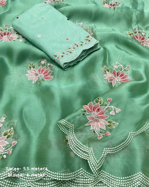 Designer Light Green Color Floral Embroidered Organza Saree for Casual Wear (D769)